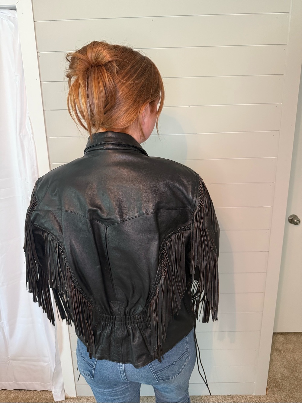 Oversized Leather Jacket Fringed Western Style Biker